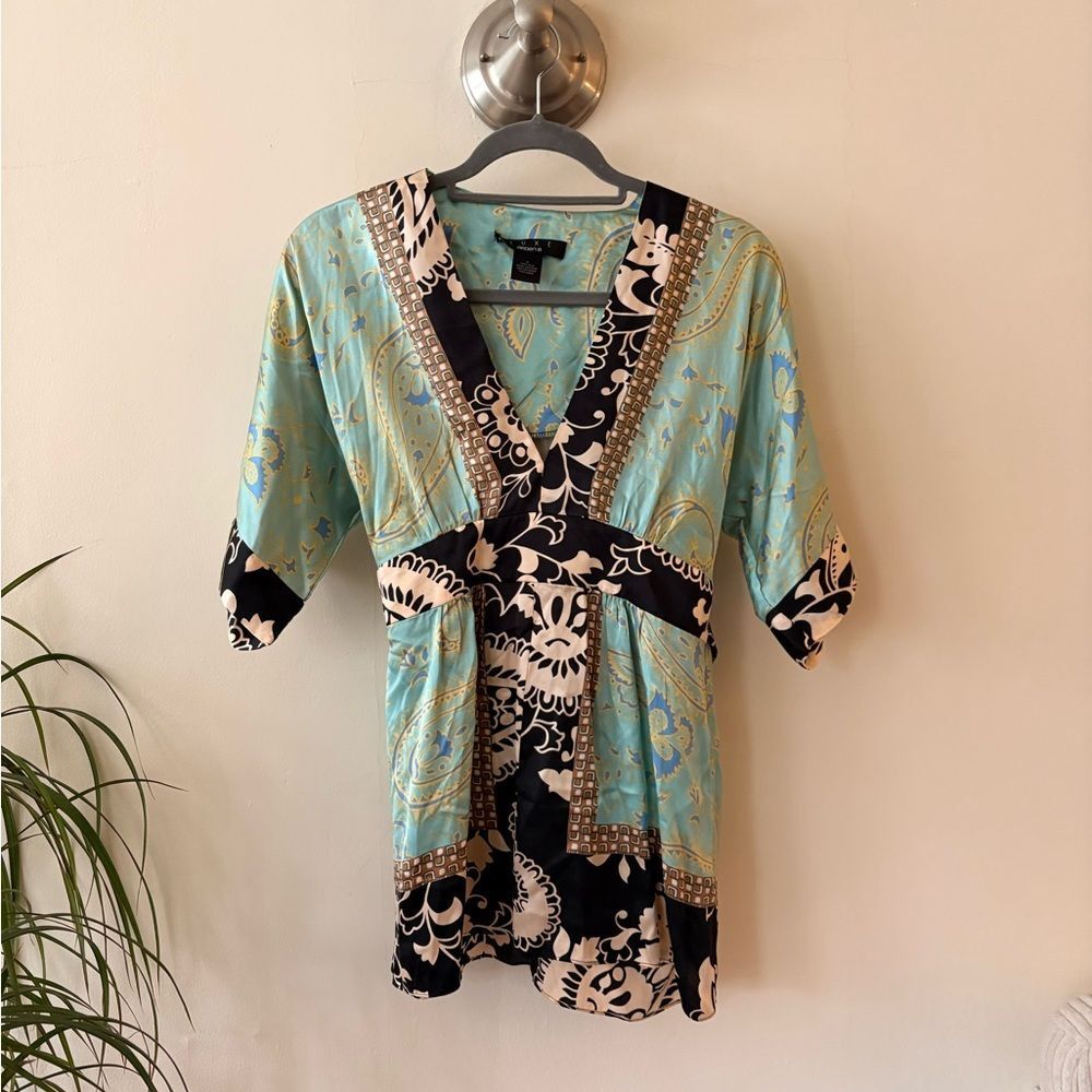 Arden B Women's Silk Kimono Style Top - Black and Light Blue Size Medium